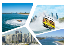 Jet boat performing 360-degree spins in the turquoise waters of Surfers Paradise on Australia’s Gold Coast