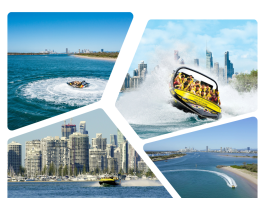 Jet boat performing 360-degree spins in the turquoise waters of Surfers Paradise on Australia’s Gold Coast