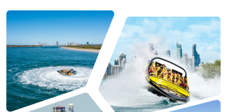 Jet boat performing 360-degree spins in the turquoise waters of Surfers Paradise on Australia’s Gold Coast