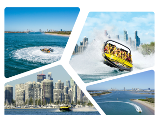 Jet boat performing 360-degree spins in the turquoise waters of Surfers Paradise on Australia’s Gold Coast