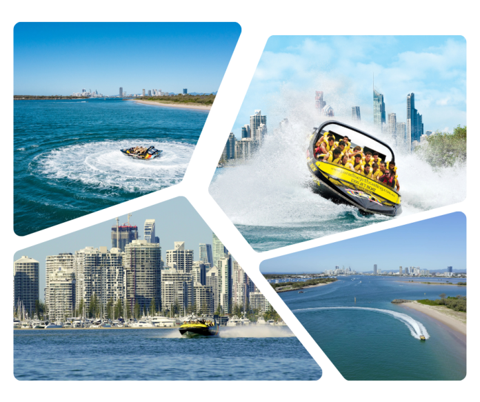 Jet boat performing 360-degree spins in the turquoise waters of Surfers Paradise on Australia’s Gold Coast