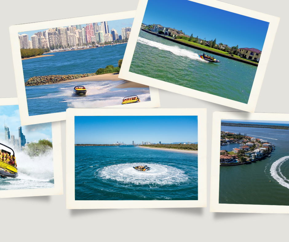 Jet boat performing 360-degree spins in the turquoise waters of Surfers Paradise on Australia’s Gold Coast