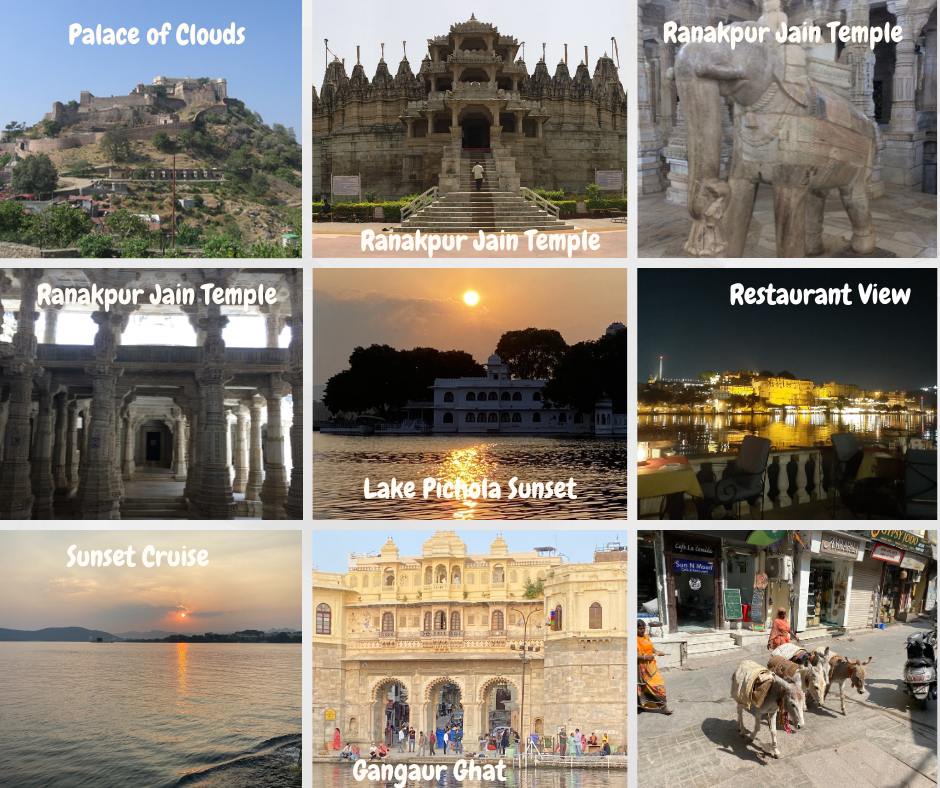 Postcard featuring Day 5 of the West Rajasthan cultural tour, with stops at Ranakpur Jain Temple, Kumbhalgarh Fort, and arrival at Udaipur's Lake Pichola