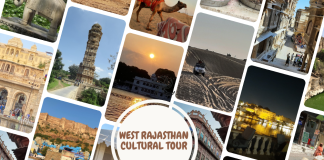 Postcard featuring attractions from an 8-day West Rajasthan cultural tour, highlighting forts, palaces, deserts, and vibrant cityscapes